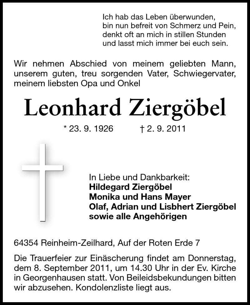  Traueranzeige für Leonhard Ziergöbel vom 05.09.2011 aus Echo-Zeitungen (Gesamtausgabe)