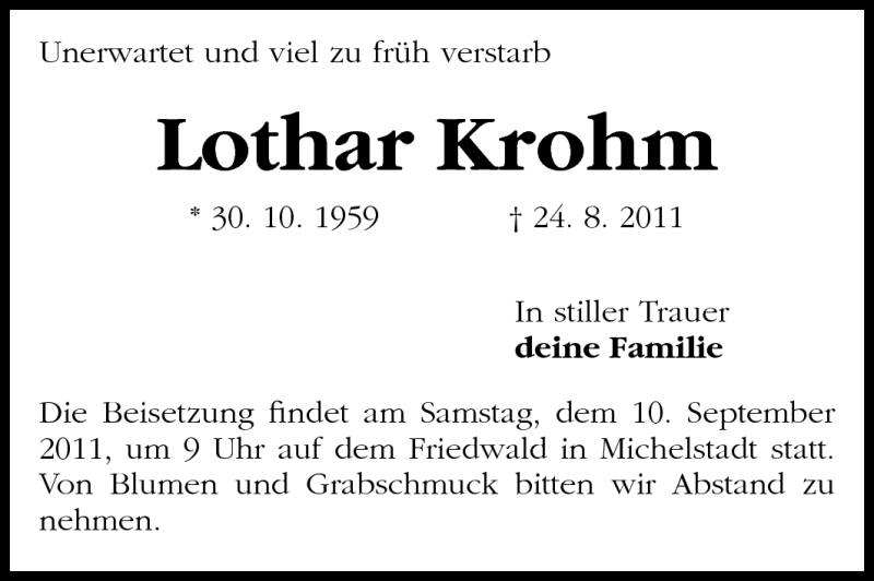  Traueranzeige für Lothar Krohm vom 06.09.2011 aus Darmstädter Echo, Odenwälder Echo, Rüsselsheimer Echo, Groß-Gerauer-Echo, Ried Echo