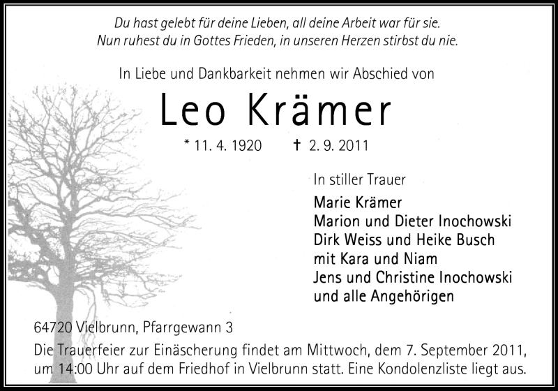  Traueranzeige für Leo Krämer vom 06.09.2011 aus Odenwälder Echo
