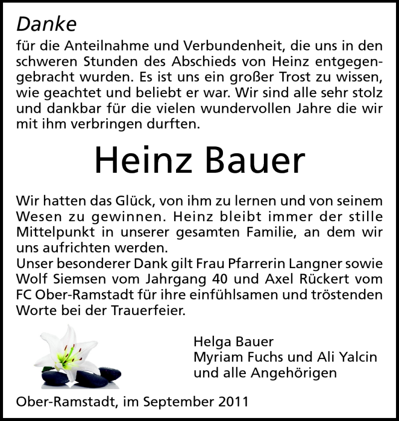  Traueranzeige für Heinz Bauer vom 10.09.2011 aus Darmstädter Echo, Odenwälder Echo, Rüsselsheimer Echo, Groß-Gerauer-Echo, Ried Echo