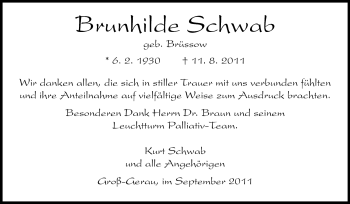 Traueranzeige von Brunhilde Schwab von Rüsselsheimer Echo, Groß-Gerauer-Echo, Ried Echo