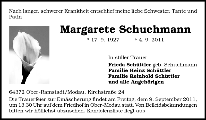  Traueranzeige für Margarete Schuchmann vom 07.09.2011 aus Darmstädter Echo, Odenwälder Echo, Rüsselsheimer Echo, Groß-Gerauer-Echo, Ried Echo