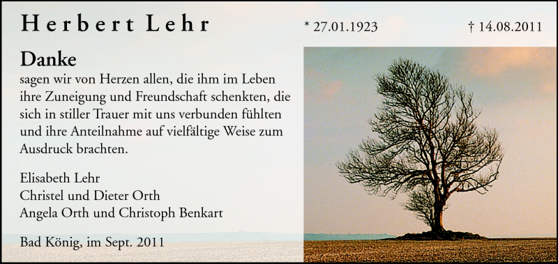  Traueranzeige für Herbert Lehr vom 07.09.2011 aus Odenwälder Echo
