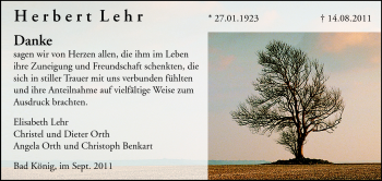 Traueranzeige von Herbert Lehr von Odenwälder Echo