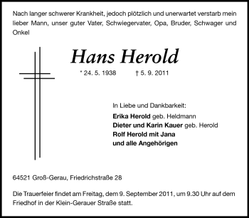 Traueranzeige von Hans Herold von Rüsselsheimer Echo, Groß-Gerauer-Echo, Ried Echo