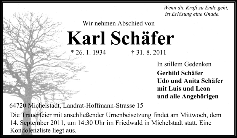  Traueranzeige für Karl Schäfer vom 07.09.2011 aus Odenwälder Echo