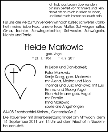 Traueranzeige von Heide Markowic von Darmstädter Echo, Odenwälder Echo, Rüsselsheimer Echo, Groß-Gerauer-Echo, Ried Echo