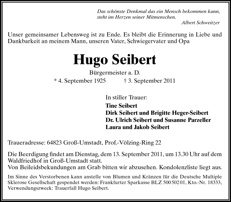  Traueranzeige für Hugo Seibert vom 08.09.2011 aus Echo-Zeitungen (Gesamtausgabe)