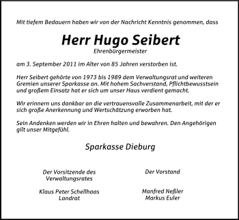 Traueranzeige von Hugo Seibert von Echo-Zeitungen (Gesamtausgabe)