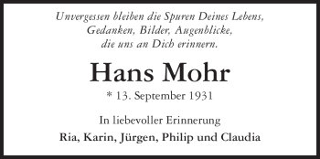 Traueranzeige von Hans Mohr von Darmstädter Echo, Odenwälder Echo, Rüsselsheimer Echo, Groß-Gerauer-Echo, Ried Echo