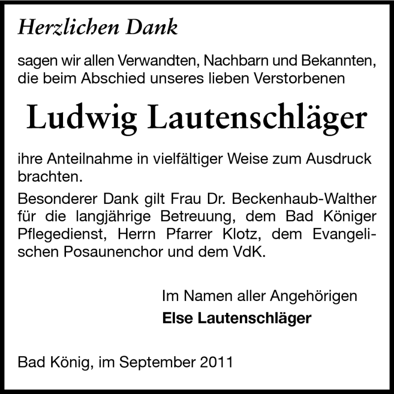  Traueranzeige für Ludwig Lautenschläger vom 10.09.2011 aus Odenwälder Echo
