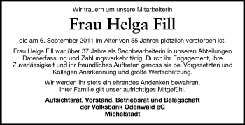 Traueranzeige von Helga  Fill von Odenwälder Echo