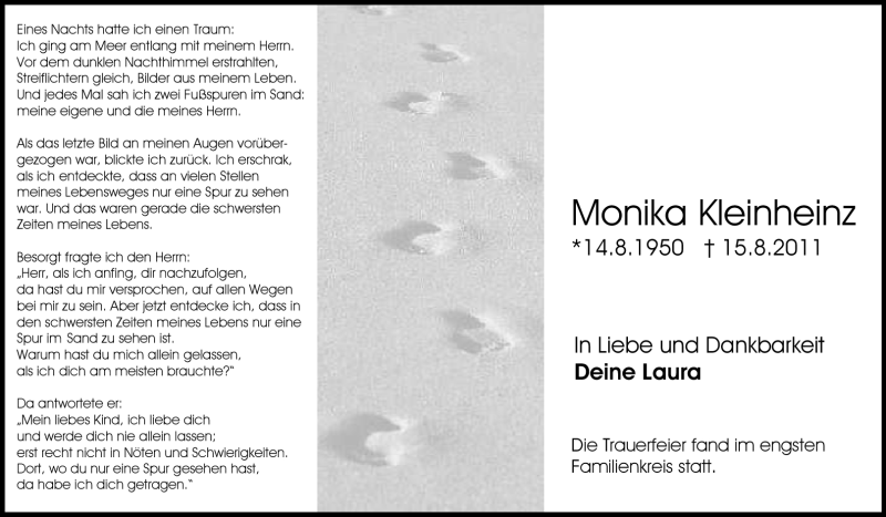  Traueranzeige für Monika Kleinheinz vom 10.09.2011 aus Echo-Zeitungen (Gesamtausgabe)