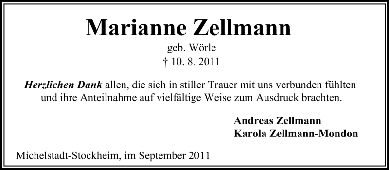  Traueranzeige für Marianne Zellmann vom 10.09.2011 aus Odenwälder Echo