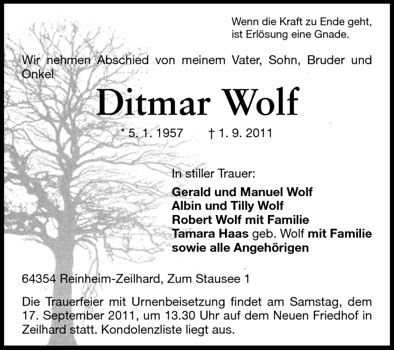  Traueranzeige für Ditmar Wolf vom 12.09.2011 aus Echo-Zeitungen (Gesamtausgabe)
