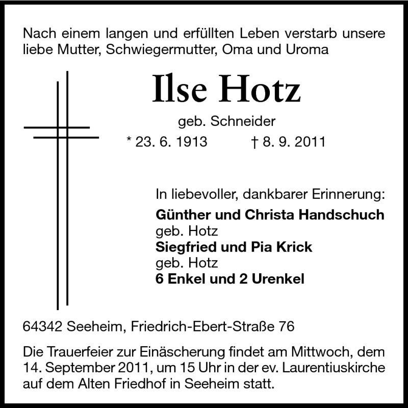  Traueranzeige für Ilse Hotz vom 12.09.2011 aus Echo-Zeitungen (Gesamtausgabe)