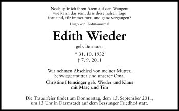 Traueranzeige von Edith Wieder von Darmstädter Echo, Odenwälder Echo, Rüsselsheimer Echo, Groß-Gerauer-Echo, Ried Echo