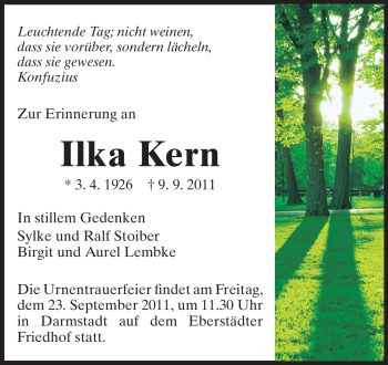 Traueranzeige von Ilka Kern von Darmstädter Echo, Odenwälder Echo, Rüsselsheimer Echo, Groß-Gerauer-Echo, Ried Echo