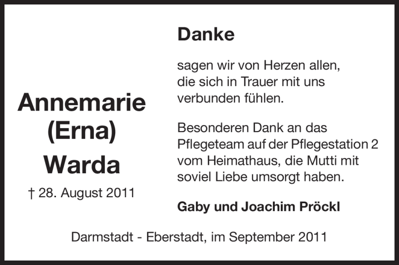  Traueranzeige für Annemarie (Erna) Warda vom 17.09.2011 aus Echo-Zeitungen (Gesamtausgabe)