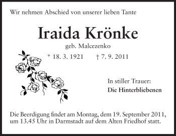 Traueranzeige von Iraida Krönke von Echo-Zeitungen (Gesamtausgabe)