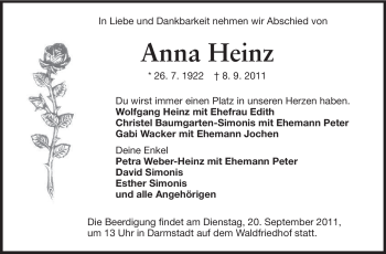 Traueranzeige von Anna Heinz von Echo-Zeitungen (Gesamtausgabe)
