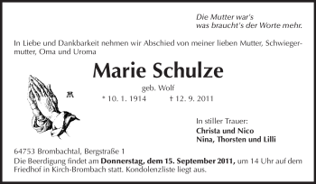 Traueranzeige von Marie Schulze von Odenwälder Echo