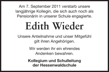 Traueranzeige von Edith Wieder von Echo-Zeitungen (Gesamtausgabe)