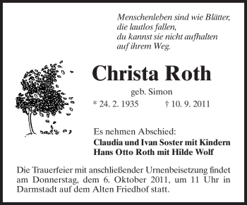 Traueranzeige von Christa Roth von Echo-Zeitungen (Gesamtausgabe)