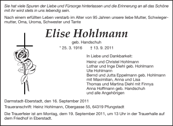 Traueranzeige von Elise Hohlmann von Echo-Zeitungen (Gesamtausgabe)