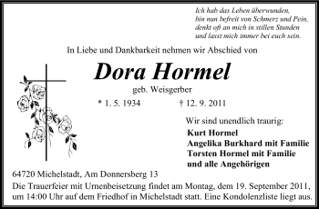 Traueranzeige von Dora Hormel von Odenwälder Echo