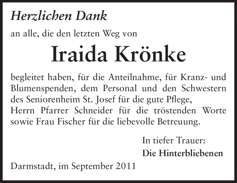  Traueranzeige für Iraida Krönke vom 24.09.2011 aus Echo-Zeitungen (Gesamtausgabe)