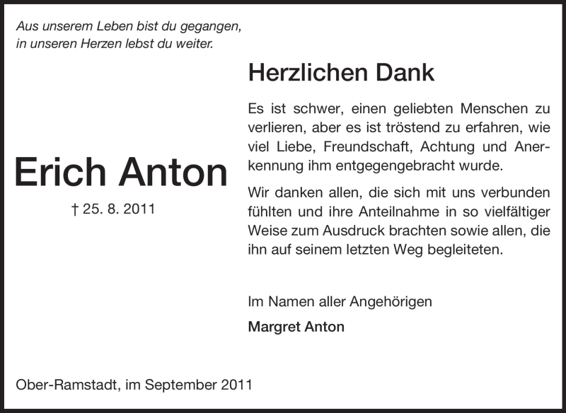  Traueranzeige für Erich Anton vom 17.09.2011 aus Darmstädter Echo, Odenwälder Echo, Rüsselsheimer Echo, Groß-Gerauer-Echo, Ried Echo