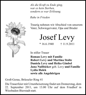 Traueranzeige von Josef Levy von Rüsselsheimer Echo, Groß-Gerauer-Echo, Ried Echo