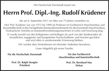 Traueranzeige von Prof. Dipl.-Ing. Rudolf Krüdener von Echo-Zeitungen (Gesamtausgabe)
