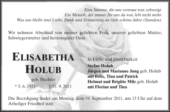 Traueranzeige von Elisabetha Holub von Darmstädter Echo, Odenwälder Echo, Rüsselsheimer Echo, Groß-Gerauer-Echo, Ried Echo