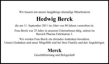 Traueranzeige von Hedwig Berck von Echo-Zeitungen (Gesamtausgabe)