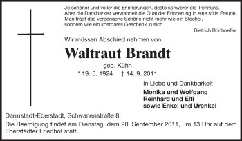 Traueranzeige von Waltraud Brandt von Echo-Zeitungen (Gesamtausgabe)