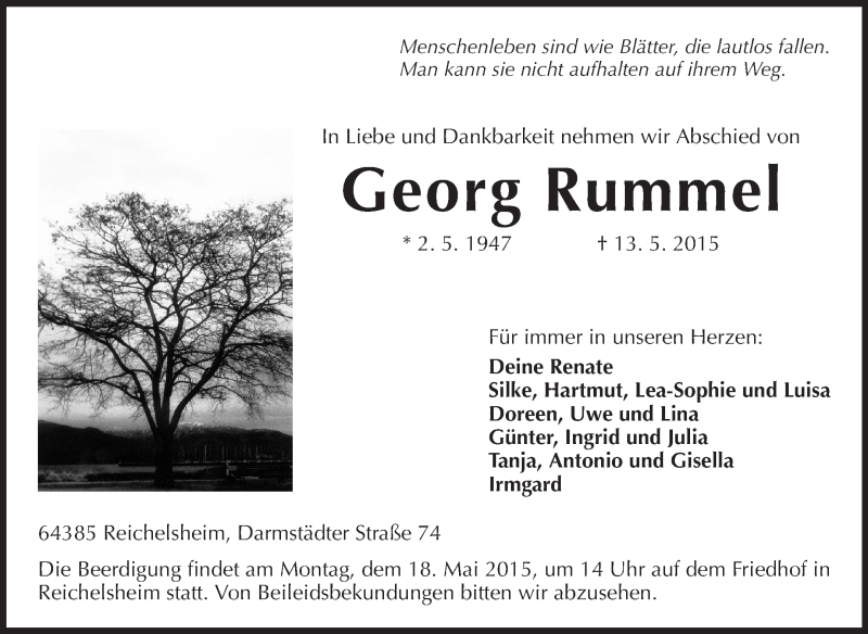  Traueranzeige für Georg Rummel vom 16.05.2015 aus Echo-Zeitungen (Gesamtausgabe)