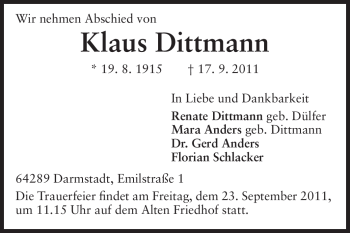 Traueranzeige von Klaus Dittmann von Echo-Zeitungen (Gesamtausgabe)