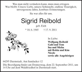 Traueranzeige von Sigrid Reibold von Echo-Zeitungen (Gesamtausgabe)