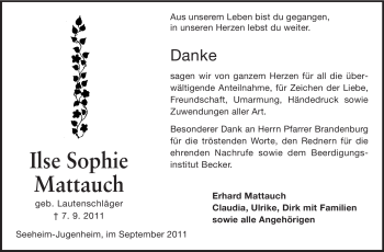 Traueranzeige von Ilse Sophie Mattauch von Darmstädter Echo, Odenwälder Echo, Rüsselsheimer Echo, Groß-Gerauer-Echo, Ried Echo