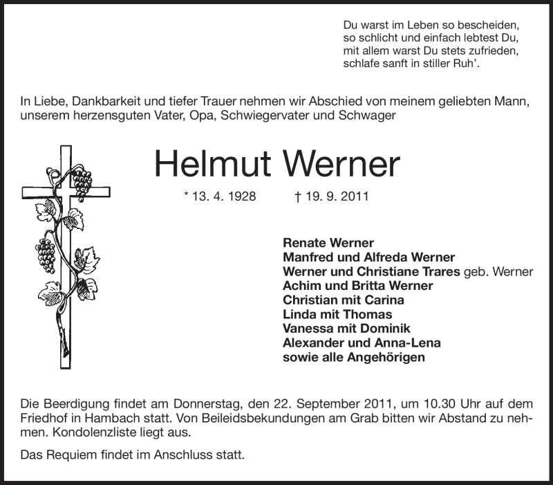  Traueranzeige für Helmut Werner vom 20.09.2011 aus Starkenburger Echo