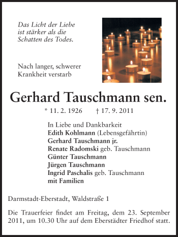 Traueranzeige von Gerhard Tauschmann sen von Echo-Zeitungen (Gesamtausgabe)