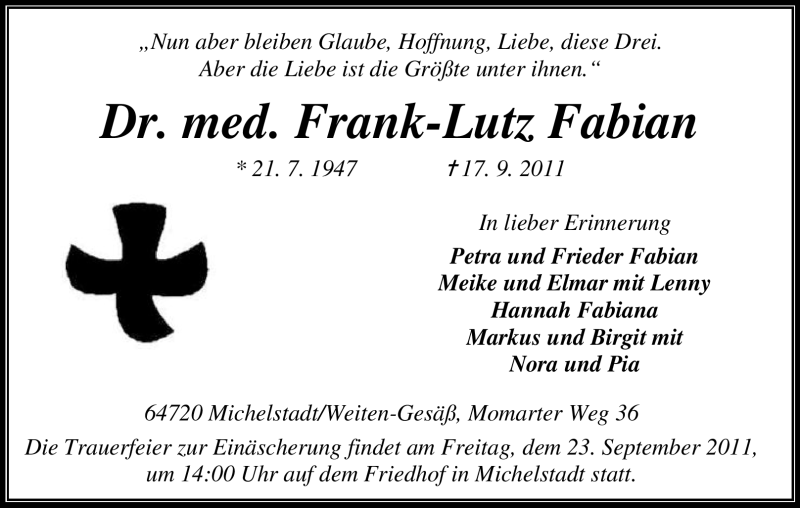  Traueranzeige für Dr. Frank-Lutz Fabian vom 21.09.2011 aus Odenwälder Echo