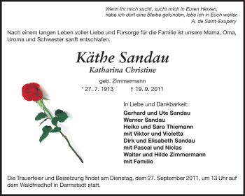 Traueranzeige von Käthe Sandau von Darmstädter Echo, Odenwälder Echo, Rüsselsheimer Echo, Groß-Gerauer-Echo, Ried Echo