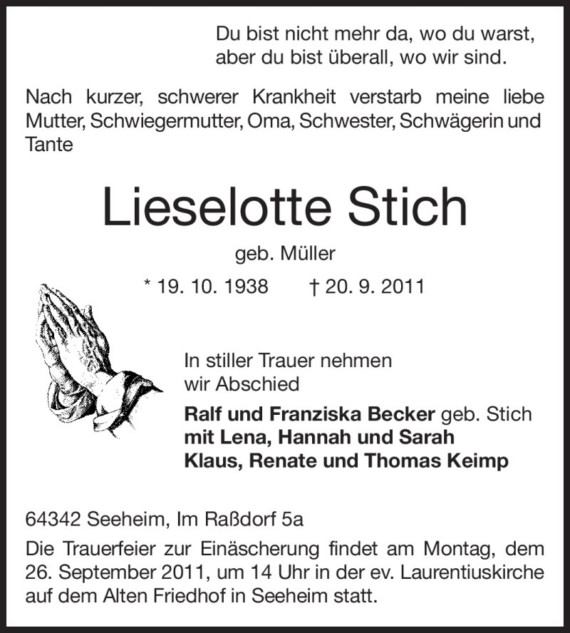  Traueranzeige für Lieselotte Stich vom 22.09.2011 aus Echo-Zeitungen (Gesamtausgabe)