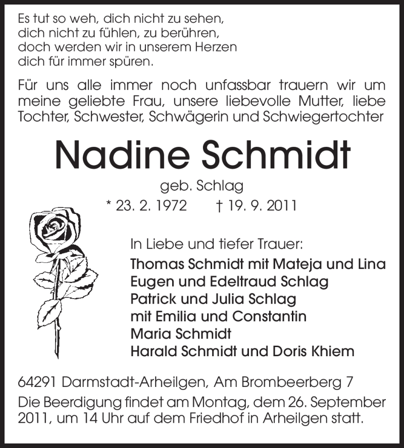  Traueranzeige für Nadine Schmidt vom 22.09.2011 aus Echo-Zeitungen (Gesamtausgabe)