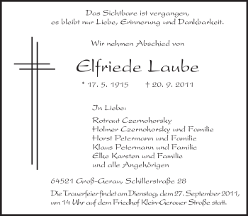 Traueranzeige von Elfriede Laube von Rüsselsheimer Echo, Groß-Gerauer-Echo, Ried Echo