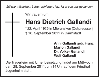 Traueranzeige von Hans Dietrich Gallandi von Echo-Zeitungen (Gesamtausgabe)