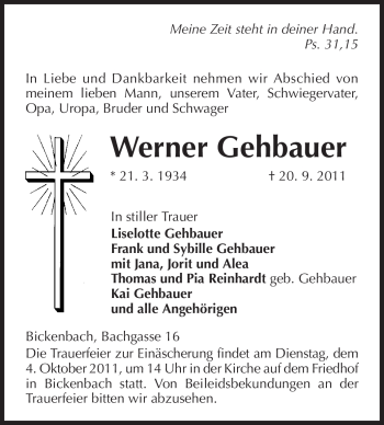 Traueranzeige von Werner Gehbauer von Echo-Zeitungen (Gesamtausgabe)